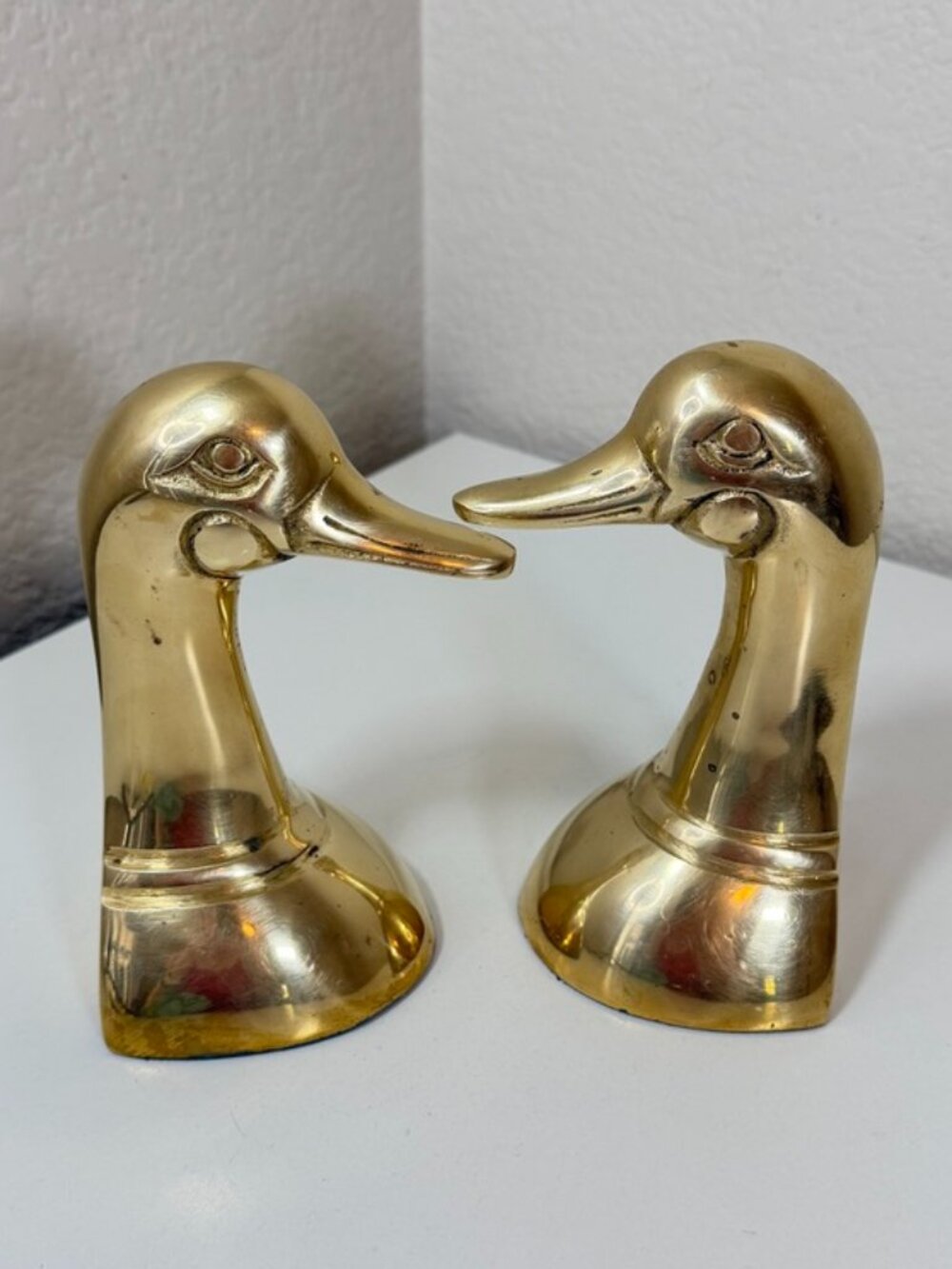 VTG Solid Brass Duck Head Bookends Pair Mallard Waterfowl MCM Korea Study Decor